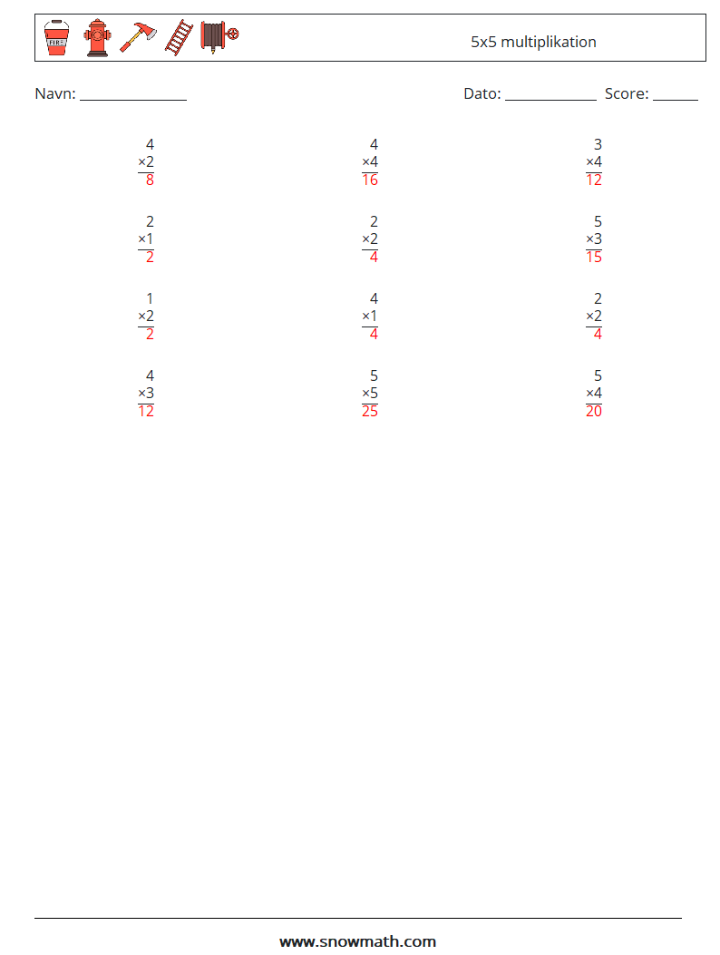 (12) 5x5 multiplikation Matematiske regneark 1 Spørgsmål, svar