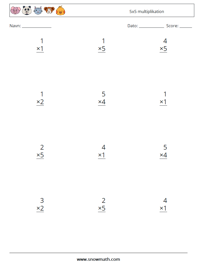 (12) 5x5 multiplikation Matematiske regneark 2