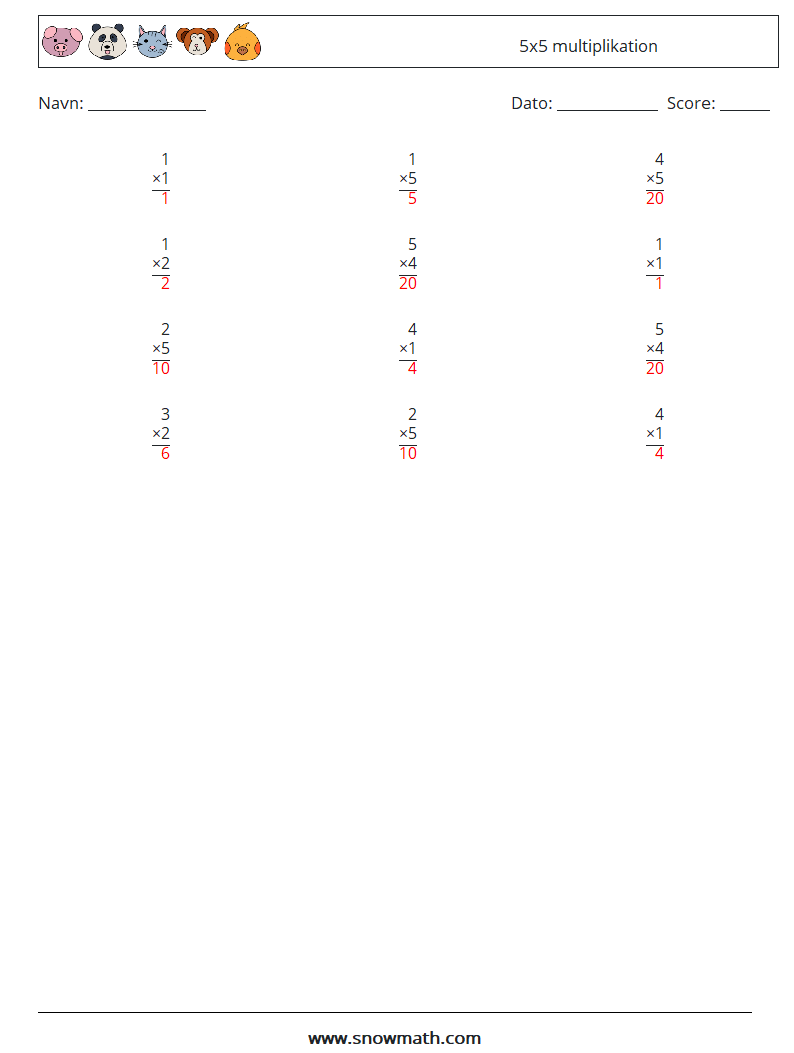 (12) 5x5 multiplikation Matematiske regneark 2 Spørgsmål, svar