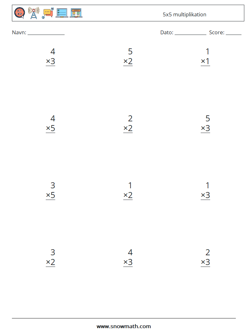 (12) 5x5 multiplikation Matematiske regneark 3