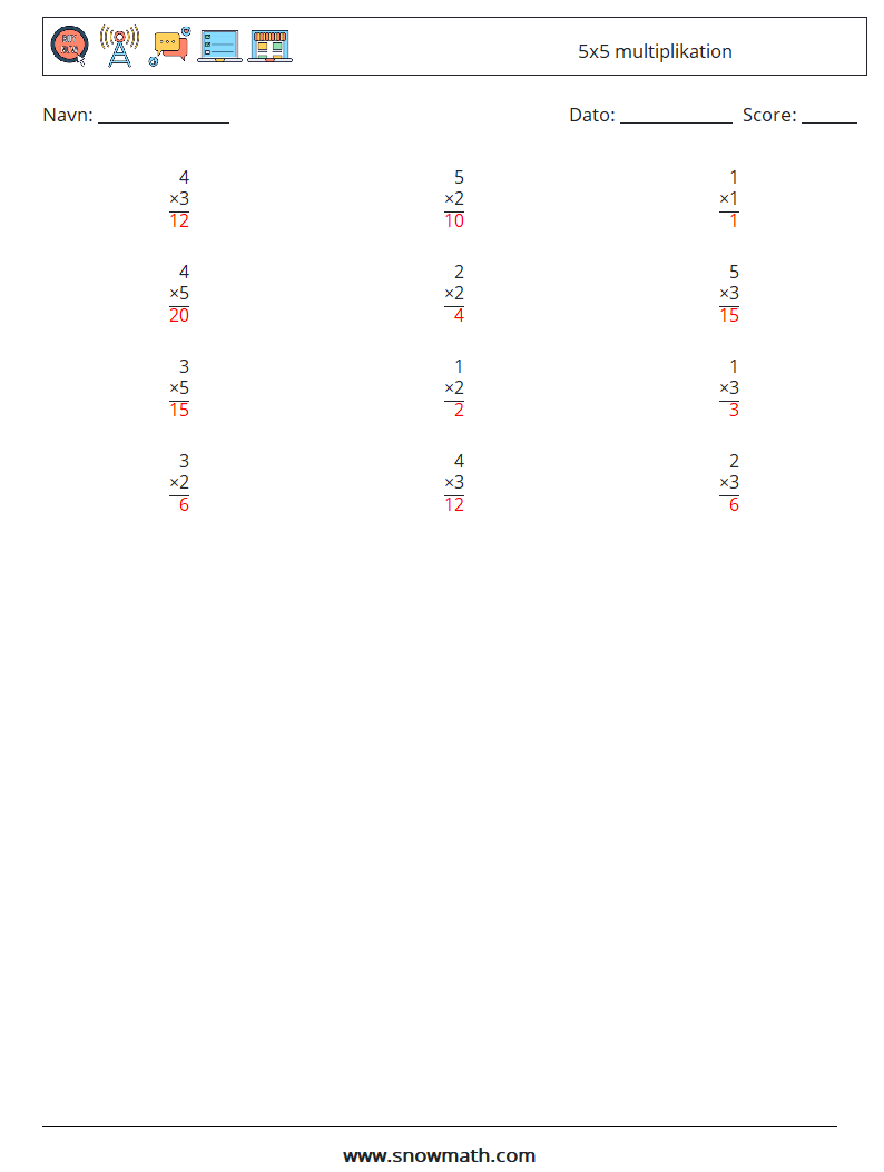 (12) 5x5 multiplikation Matematiske regneark 3 Spørgsmål, svar