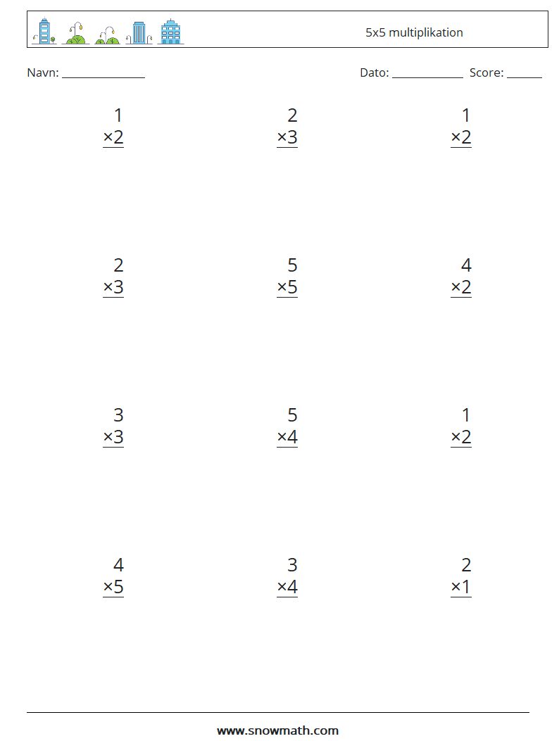 (12) 5x5 multiplikation Matematiske regneark 4