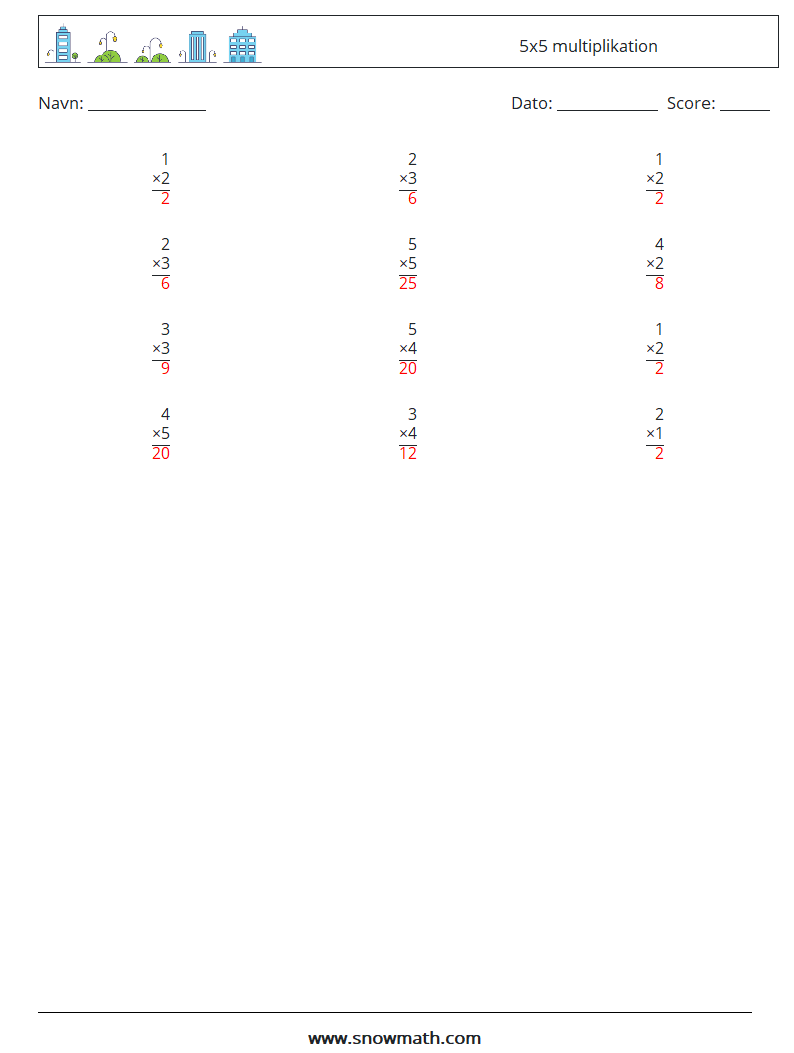 (12) 5x5 multiplikation Matematiske regneark 4 Spørgsmål, svar