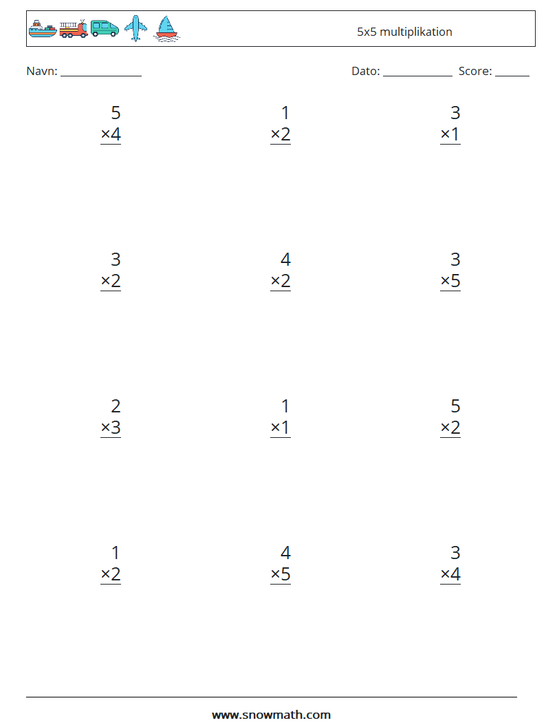 (12) 5x5 multiplikation Matematiske regneark 5
