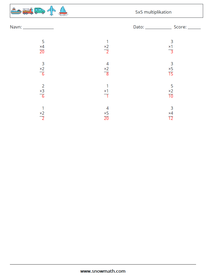 (12) 5x5 multiplikation Matematiske regneark 5 Spørgsmål, svar