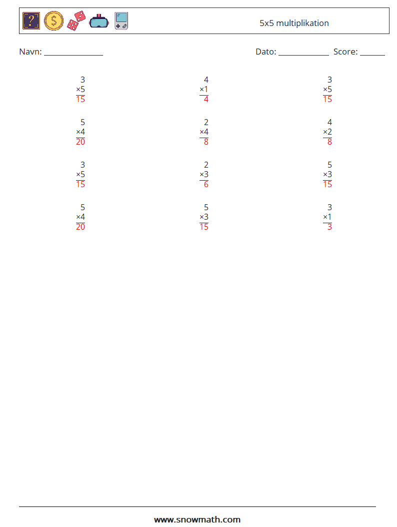 (12) 5x5 multiplikation Matematiske regneark 6 Spørgsmål, svar