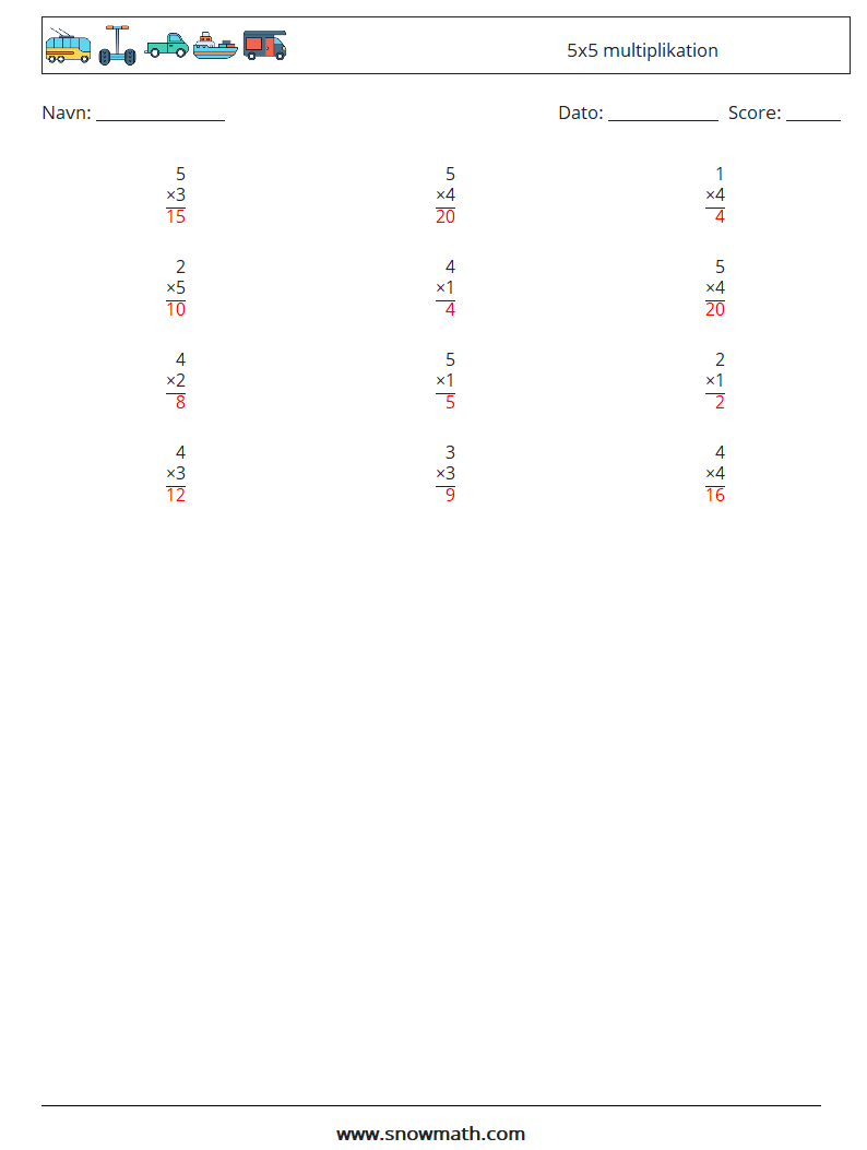 (12) 5x5 multiplikation Matematiske regneark 7 Spørgsmål, svar