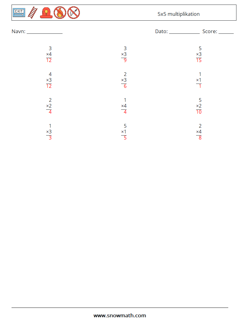 (12) 5x5 multiplikation Matematiske regneark 8 Spørgsmål, svar