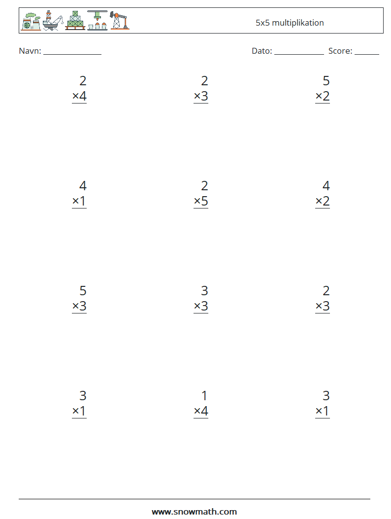 (12) 5x5 multiplikation Matematiske regneark 9
