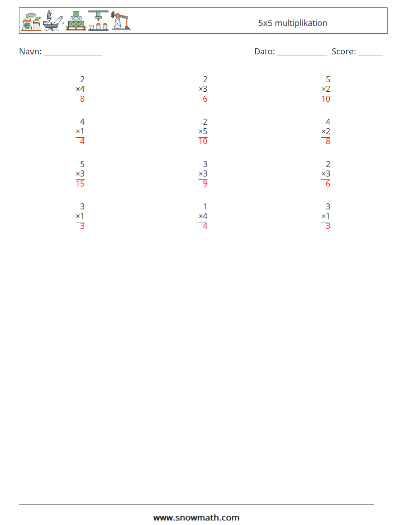 (12) 5x5 multiplikation Matematiske regneark 9 Spørgsmål, svar