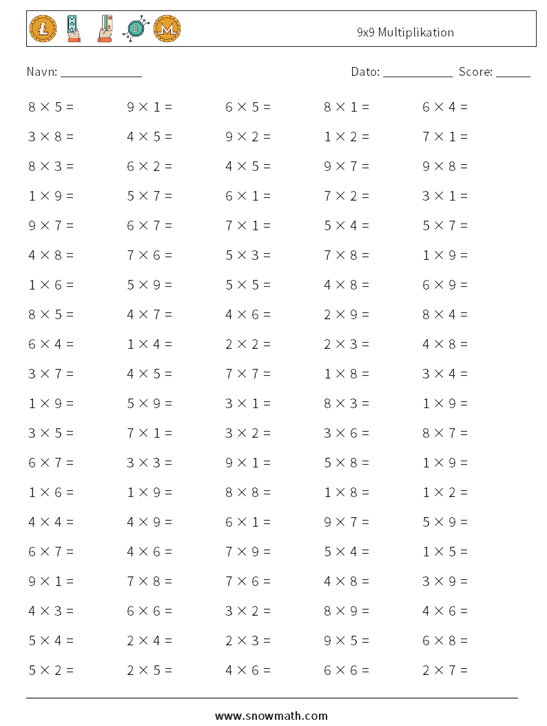 (100) 9x9 Multiplikation Matematiske regneark 1