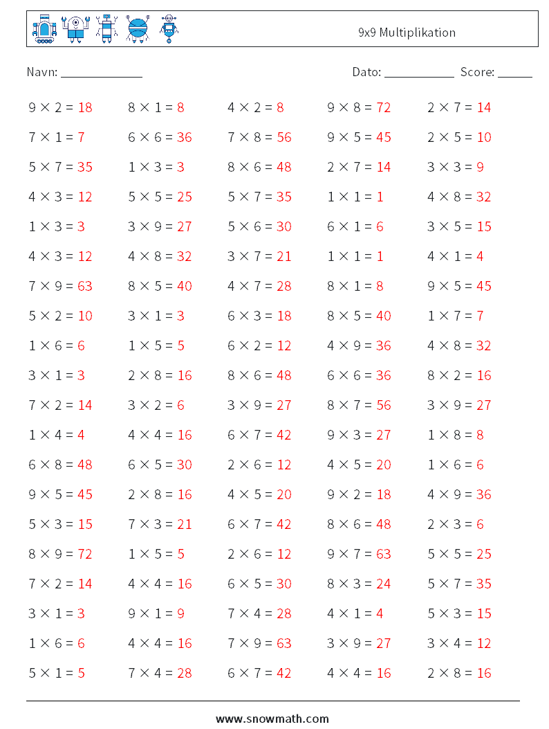 (100) 9x9 Multiplikation Matematiske regneark 2 Spørgsmål, svar