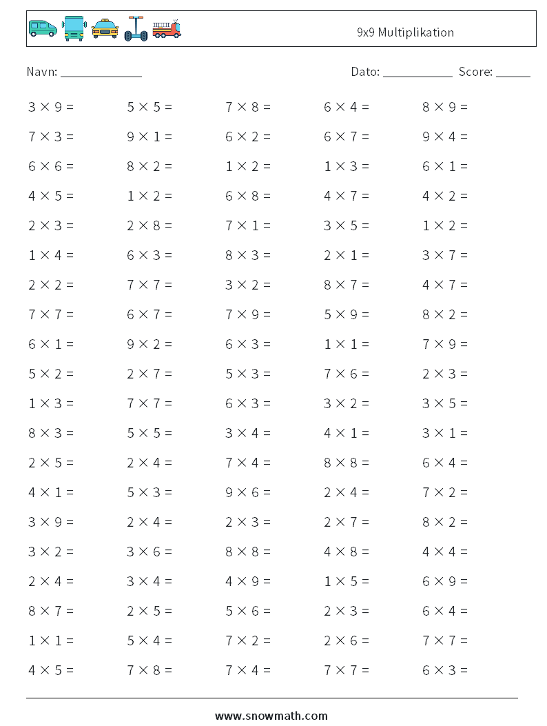 (100) 9x9 Multiplikation Matematiske regneark 6