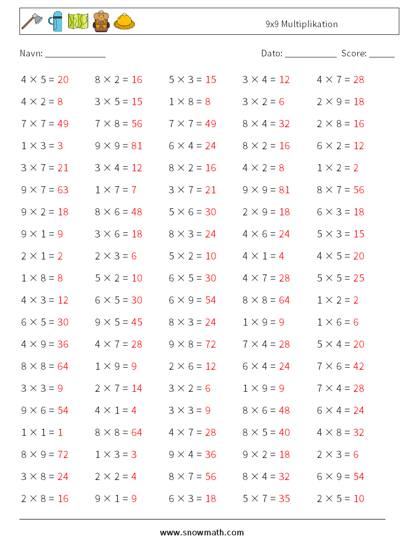 (100) 9x9 Multiplikation Matematiske regneark 7 Spørgsmål, svar