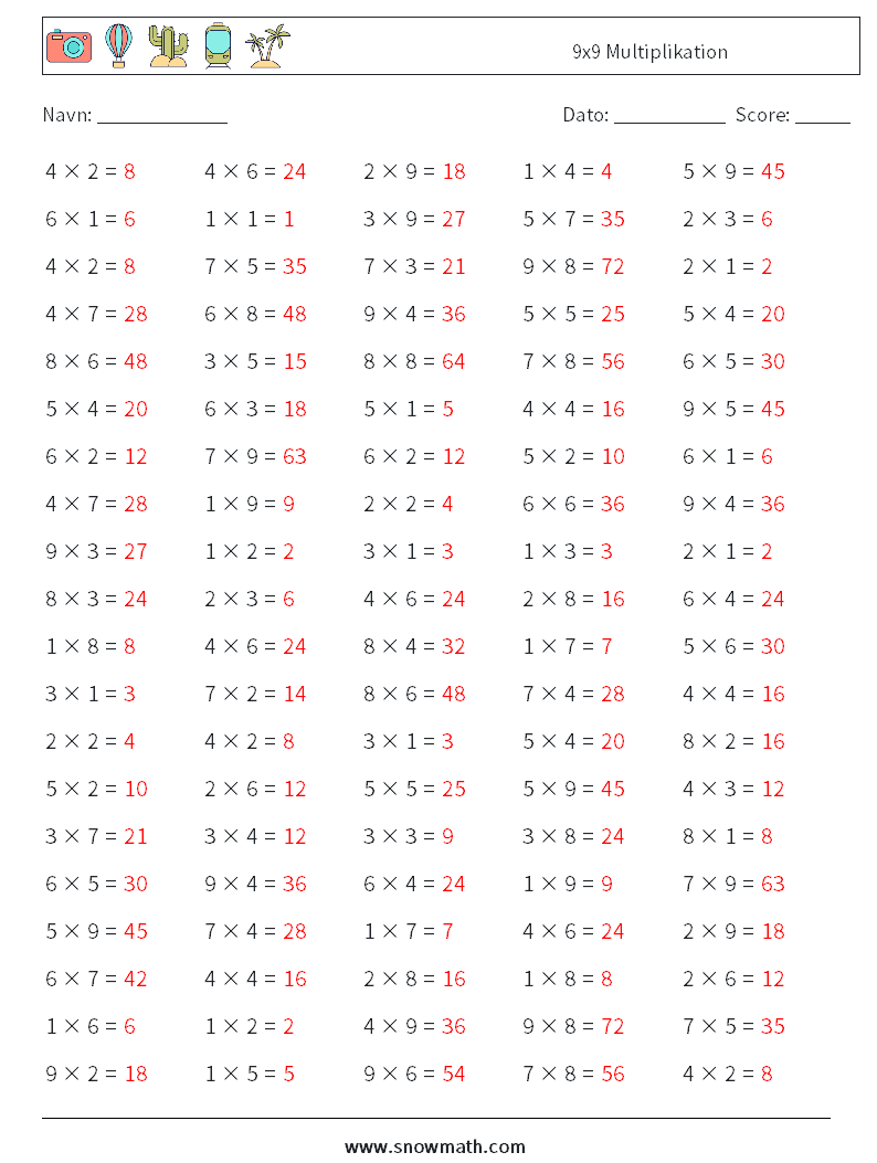 (100) 9x9 Multiplikation Matematiske regneark 8 Spørgsmål, svar