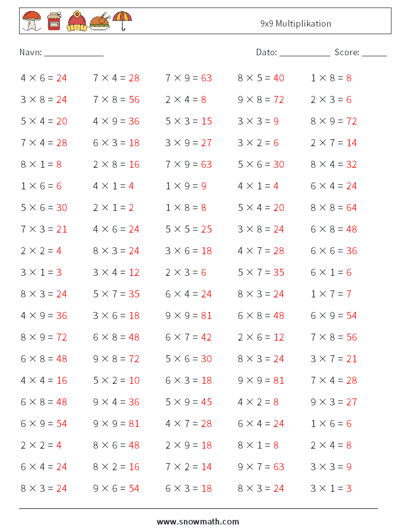 (100) 9x9 Multiplikation Matematiske regneark 9 Spørgsmål, svar