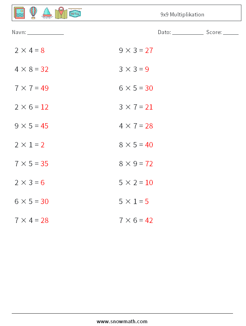(20) 9x9 Multiplikation Matematiske regneark 1 Spørgsmål, svar
