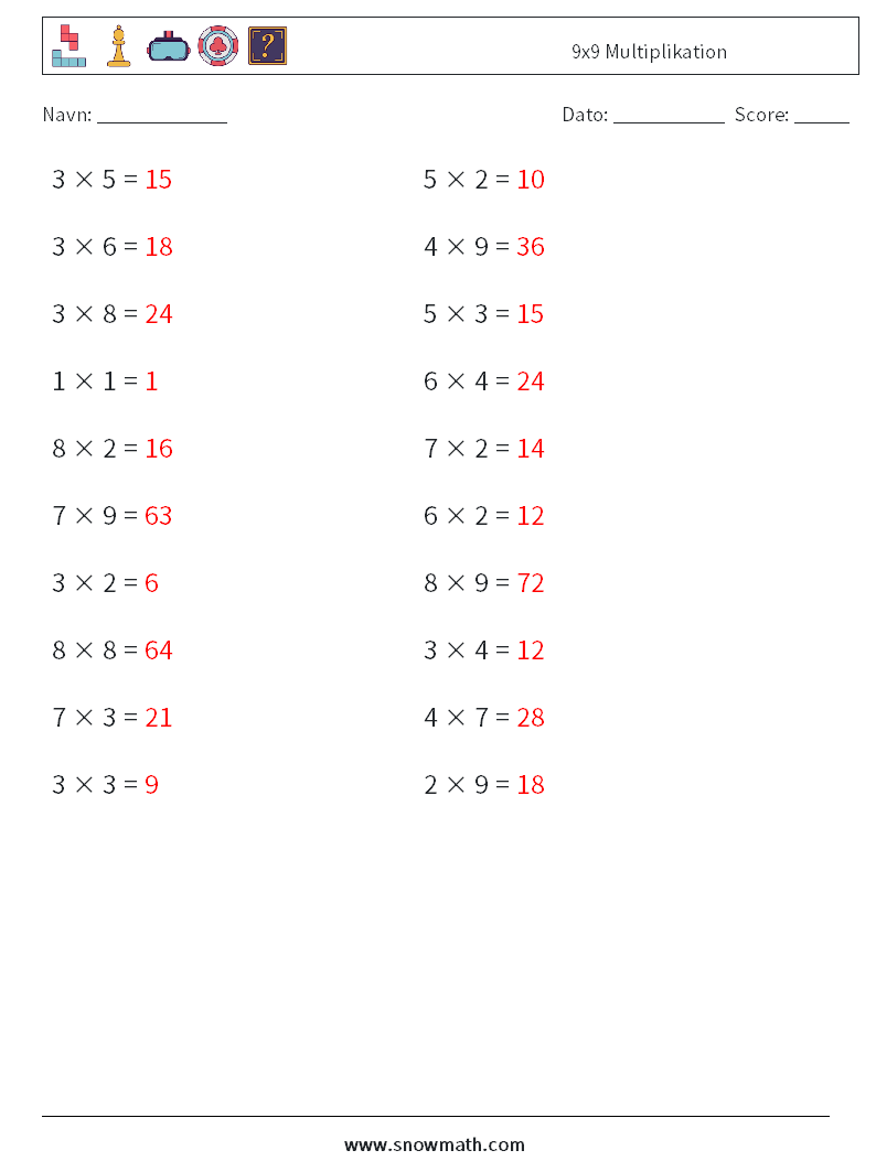(20) 9x9 Multiplikation Matematiske regneark 2 Spørgsmål, svar