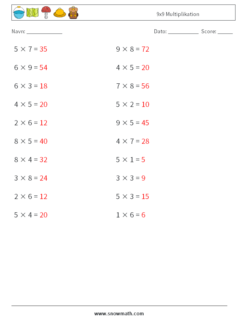 (20) 9x9 Multiplikation Matematiske regneark 3 Spørgsmål, svar
