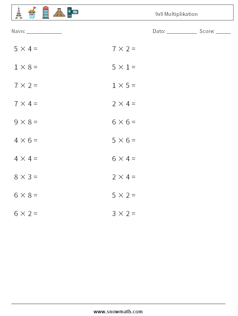 (20) 9x9 Multiplikation Matematiske regneark 4