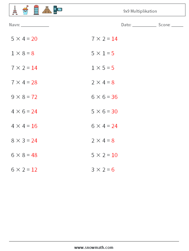 (20) 9x9 Multiplikation Matematiske regneark 4 Spørgsmål, svar