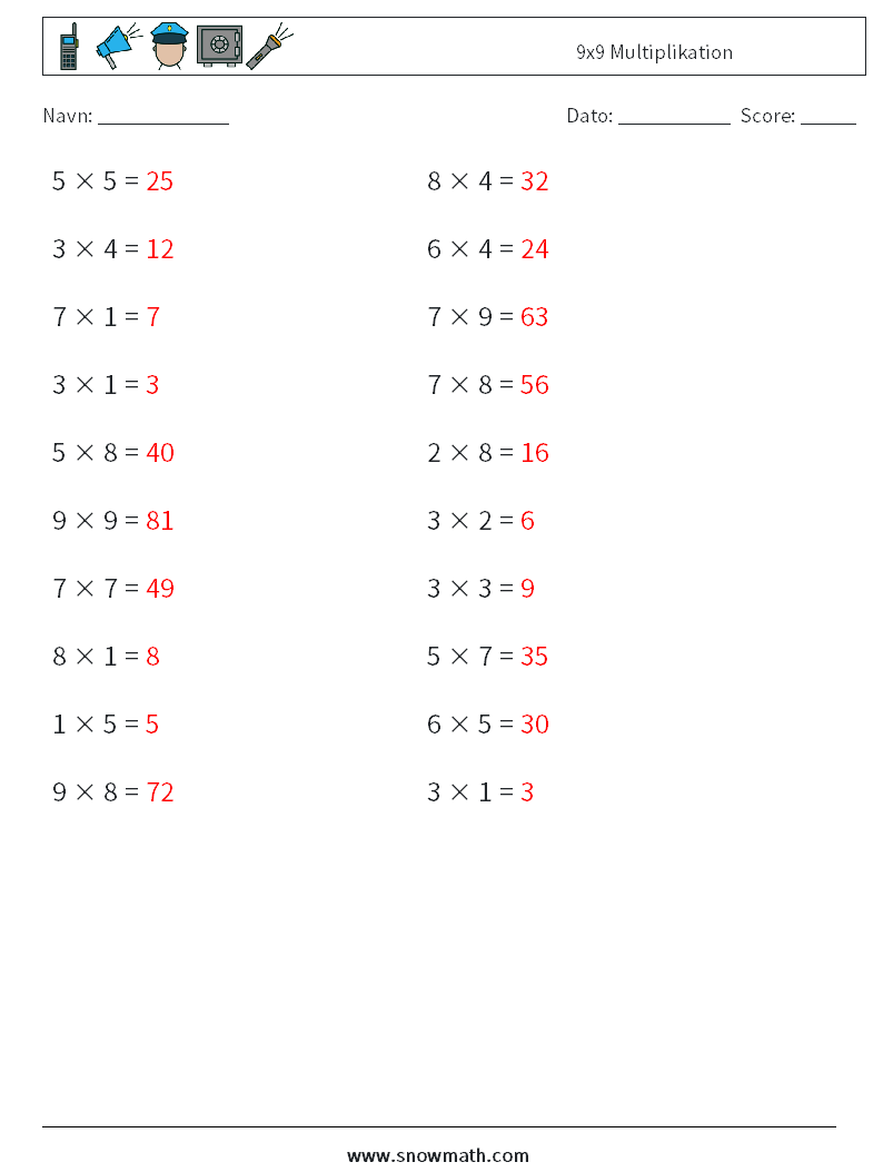 (20) 9x9 Multiplikation Matematiske regneark 5 Spørgsmål, svar