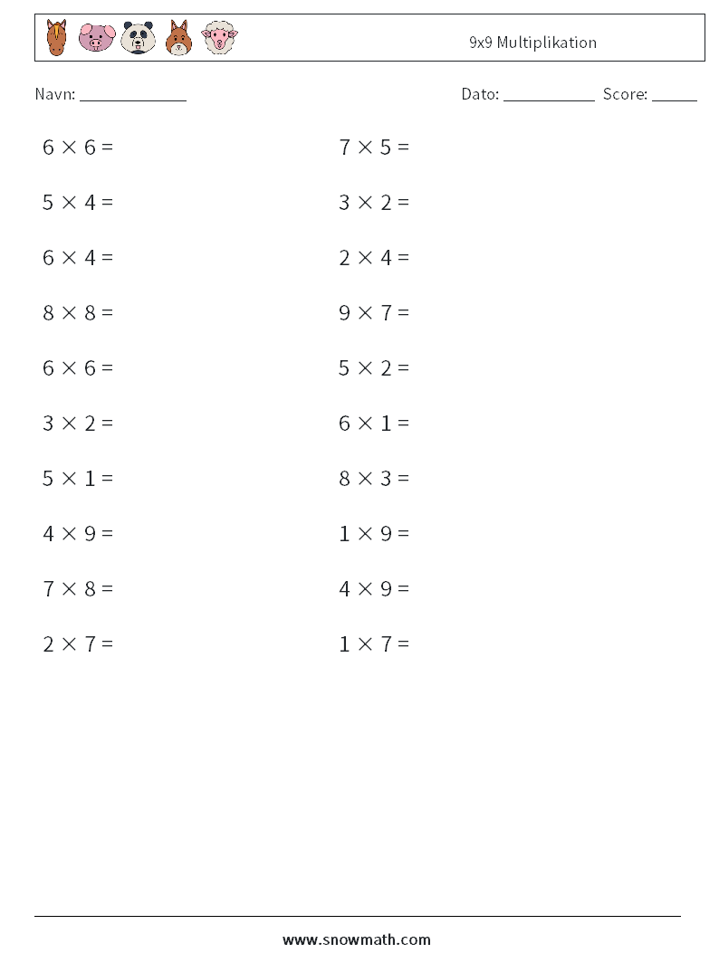 (20) 9x9 Multiplikation Matematiske regneark 6
