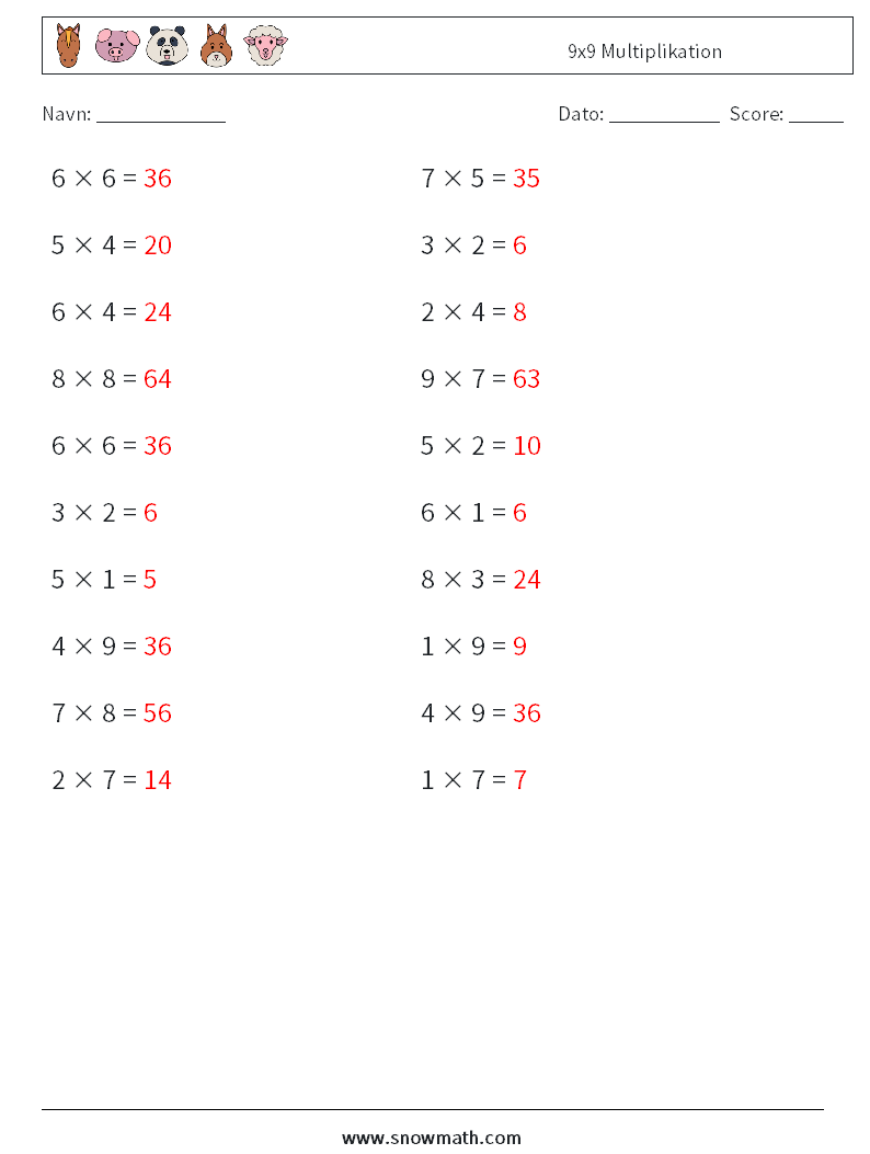 (20) 9x9 Multiplikation Matematiske regneark 6 Spørgsmål, svar