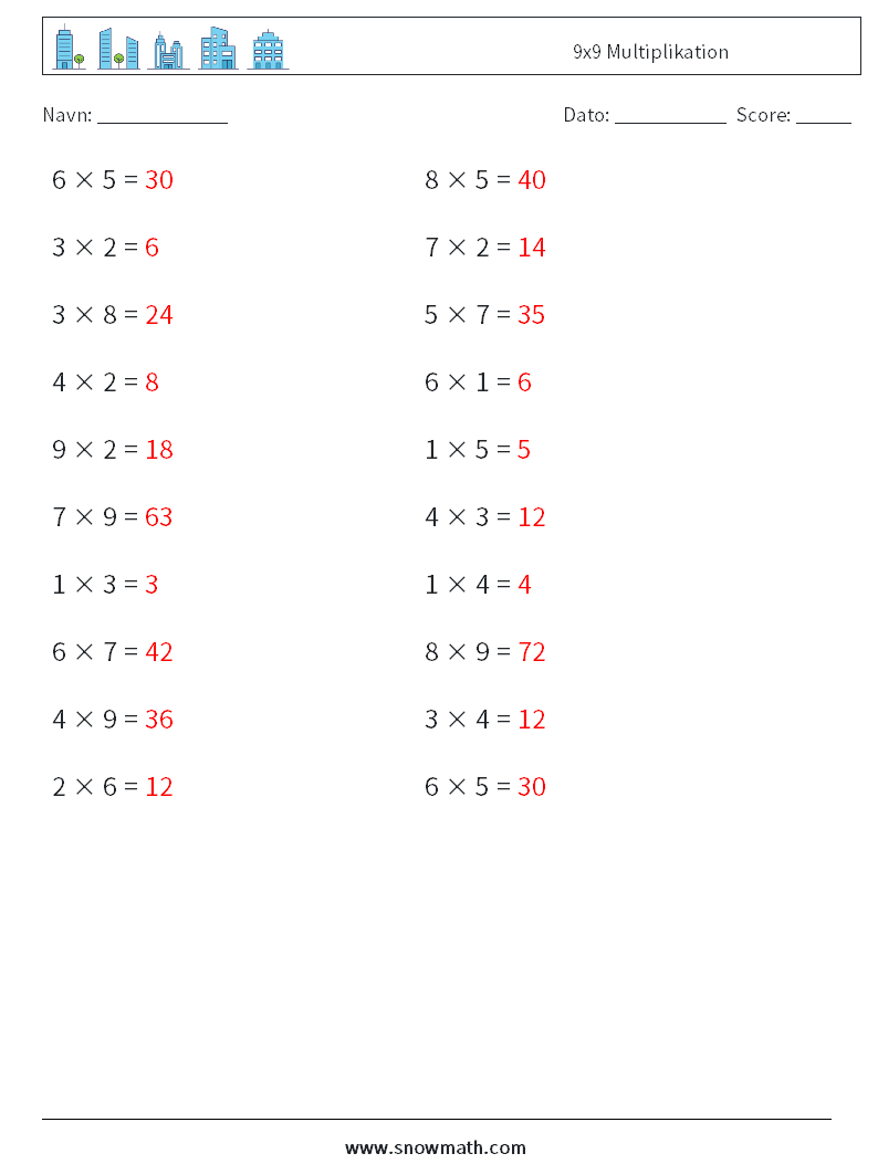 (20) 9x9 Multiplikation Matematiske regneark 7 Spørgsmål, svar