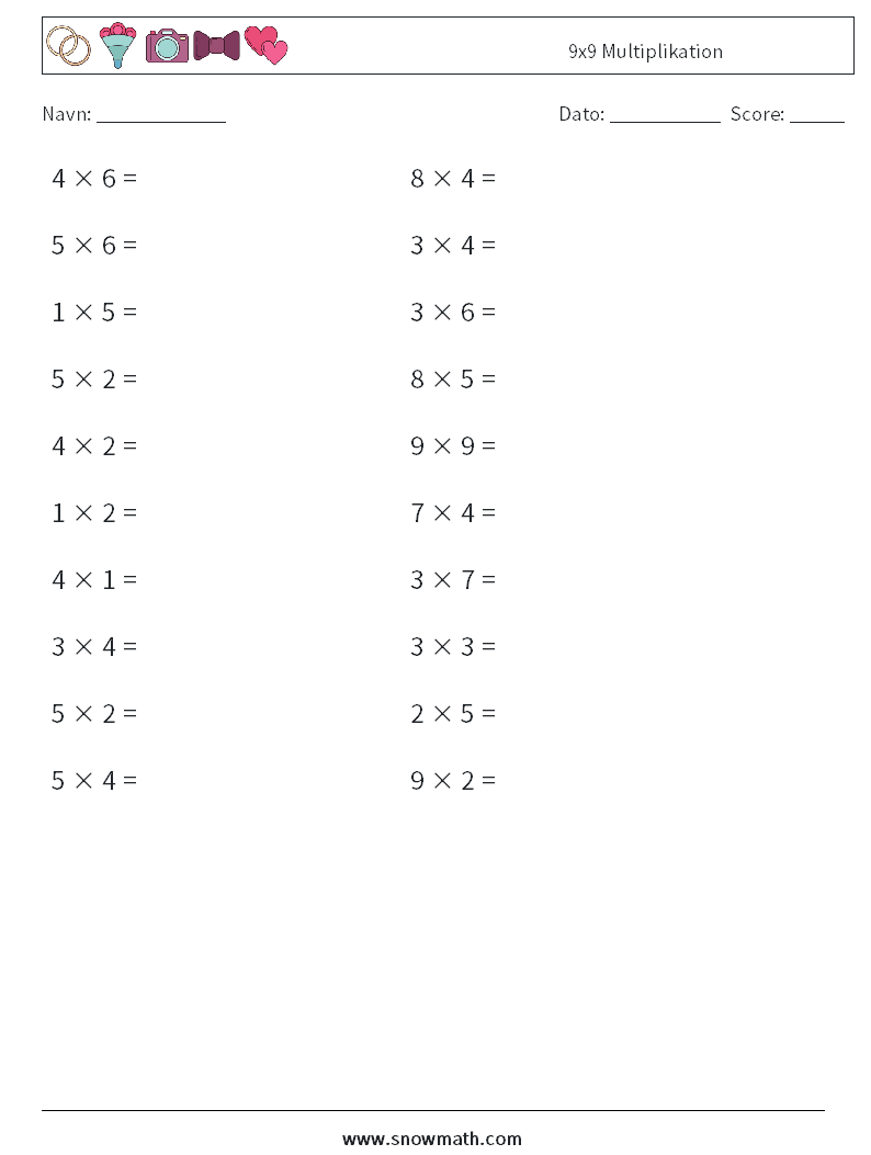 (20) 9x9 Multiplikation Matematiske regneark 8