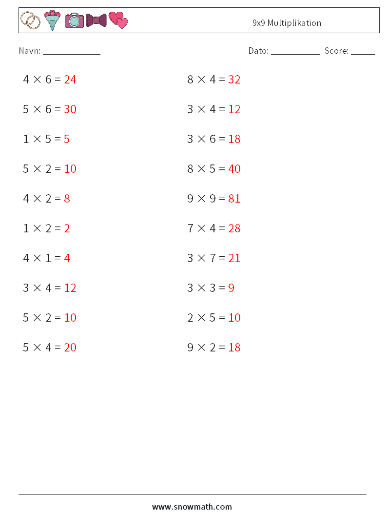(20) 9x9 Multiplikation Matematiske regneark 8 Spørgsmål, svar