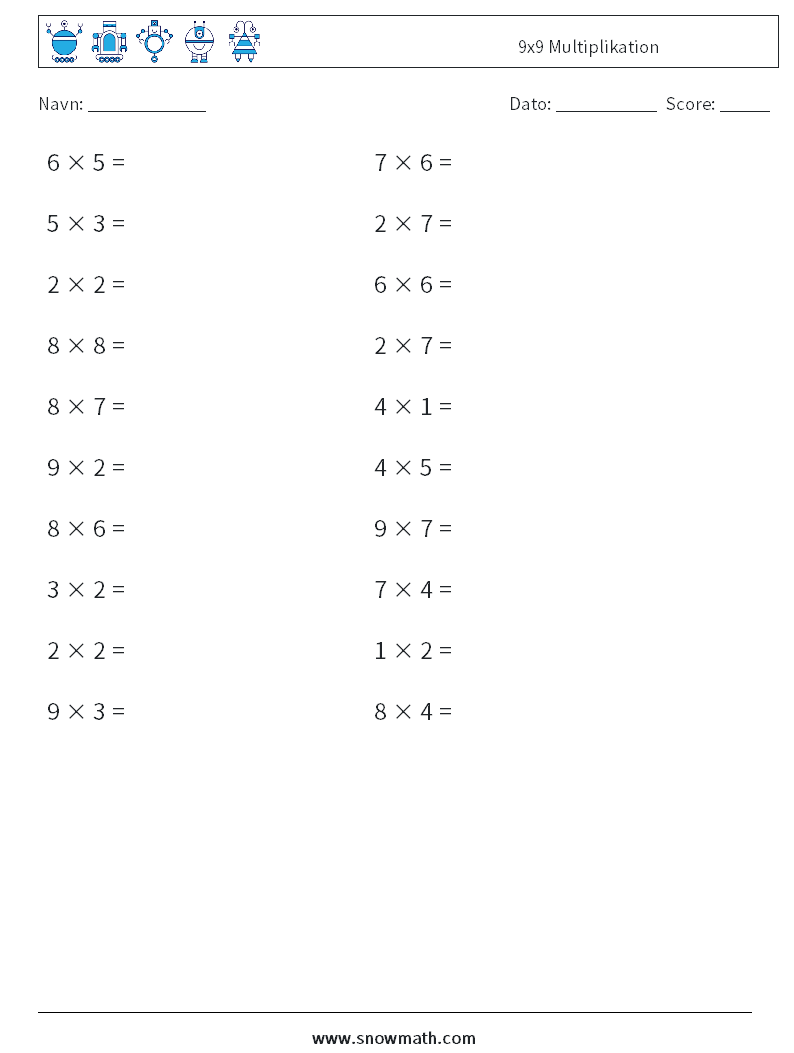 (20) 9x9 Multiplikation Matematiske regneark 9