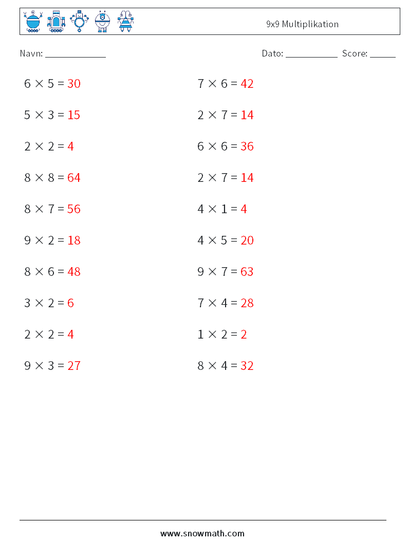 (20) 9x9 Multiplikation Matematiske regneark 9 Spørgsmål, svar