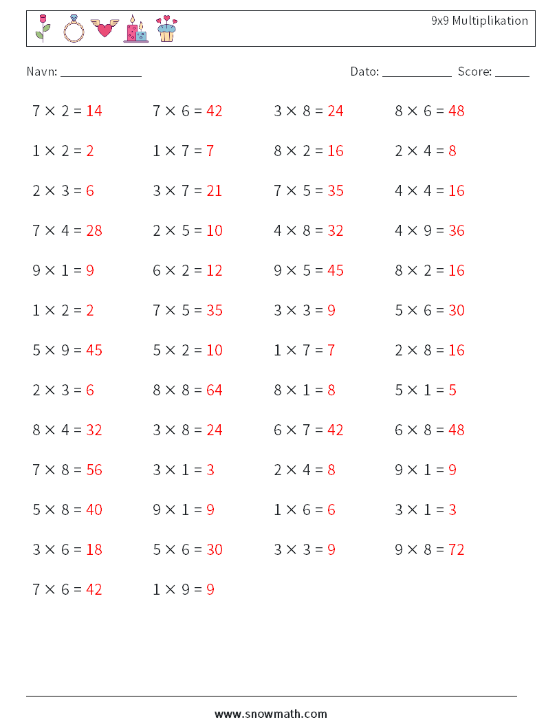 (50) 9x9 Multiplikation Matematiske regneark 3 Spørgsmål, svar