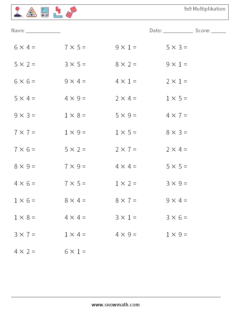 (50) 9x9 Multiplikation Matematiske regneark 6