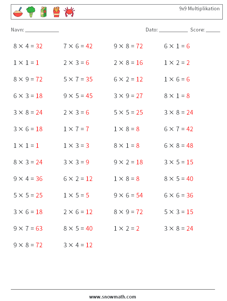 (50) 9x9 Multiplikation Matematiske regneark 8 Spørgsmål, svar