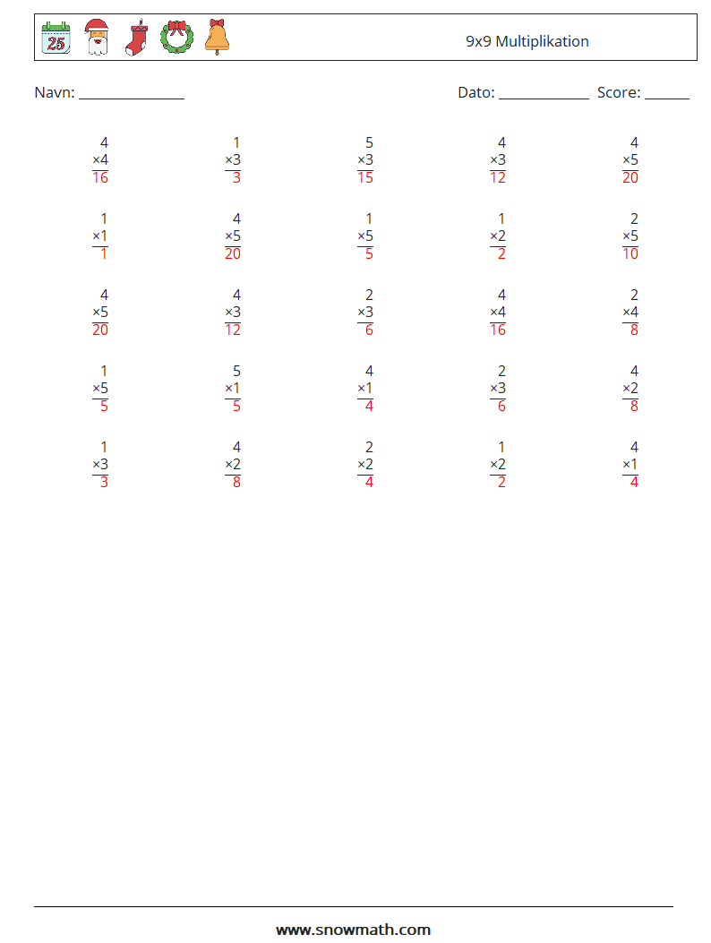 (25) 9x9 Multiplikation Matematiske regneark 1 Spørgsmål, svar