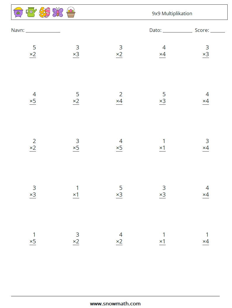 (25) 9x9 Multiplikation Matematiske regneark 3