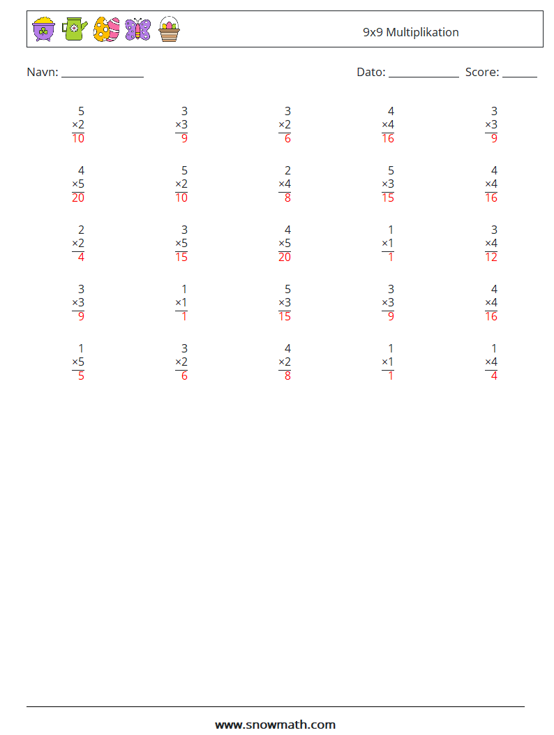 (25) 9x9 Multiplikation Matematiske regneark 3 Spørgsmål, svar