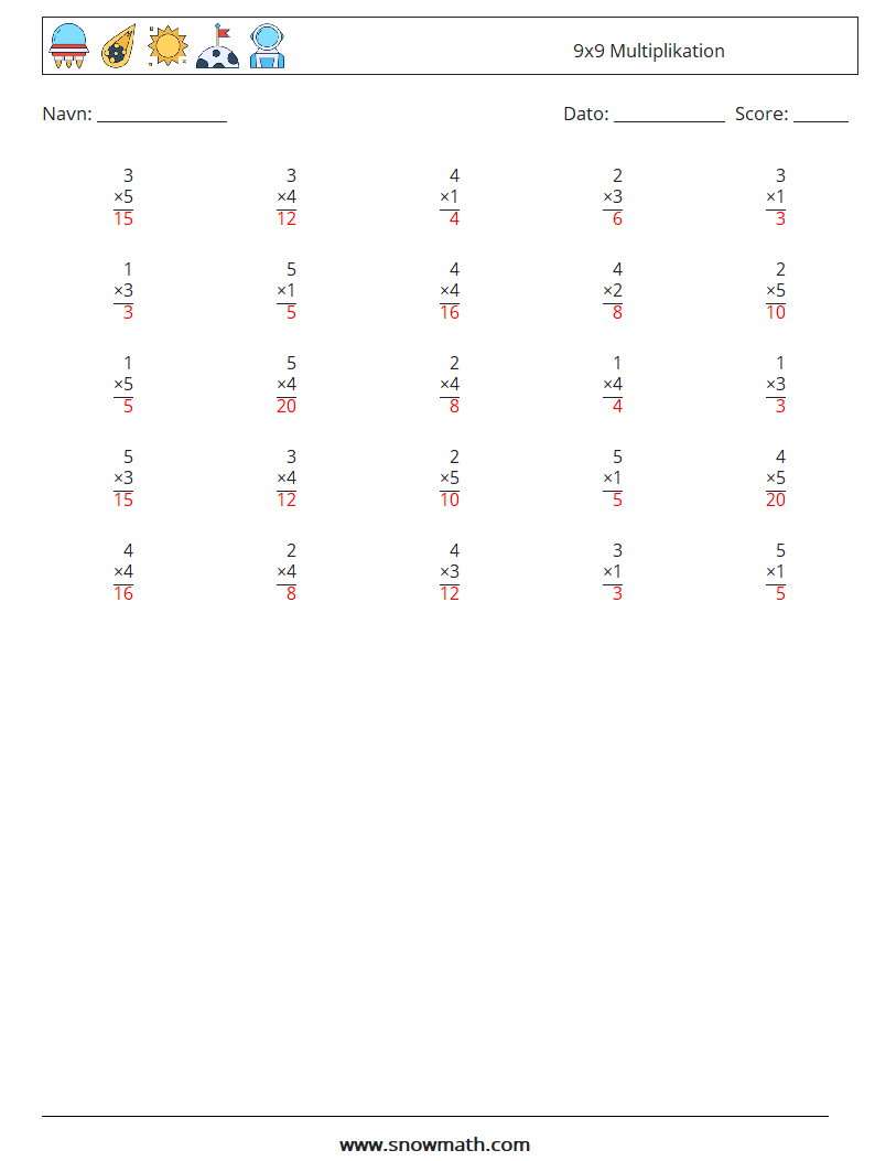 (25) 9x9 Multiplikation Matematiske regneark 4 Spørgsmål, svar