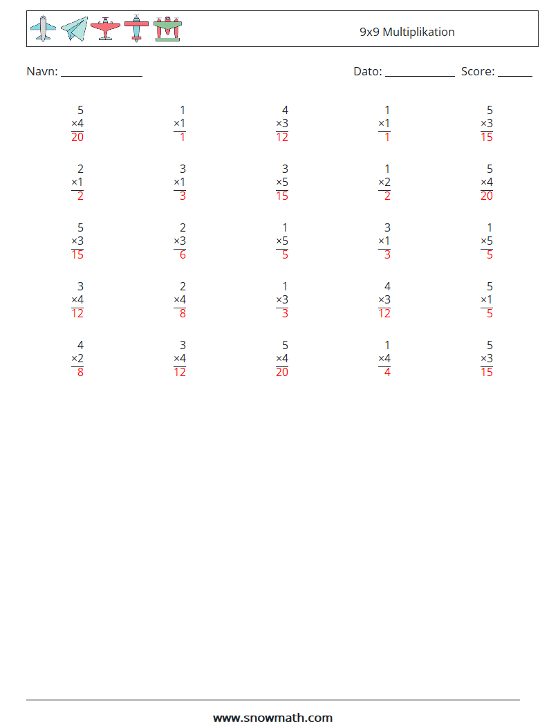 (25) 9x9 Multiplikation Matematiske regneark 5 Spørgsmål, svar