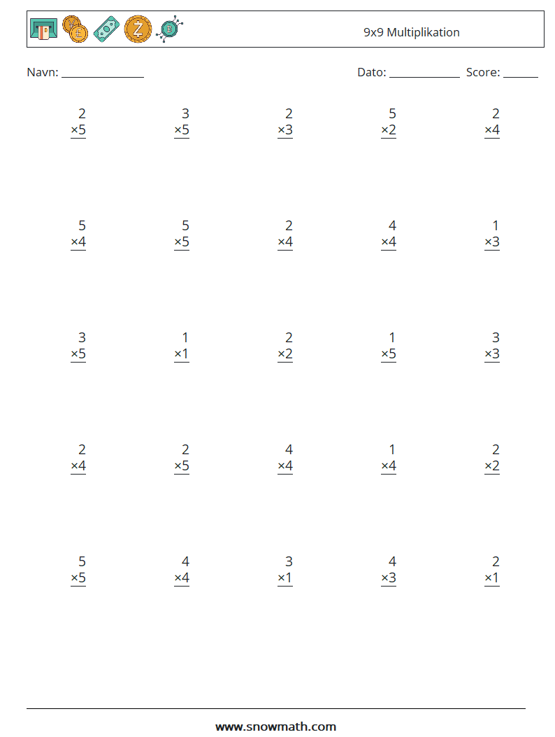 (25) 9x9 Multiplikation Matematiske regneark 6