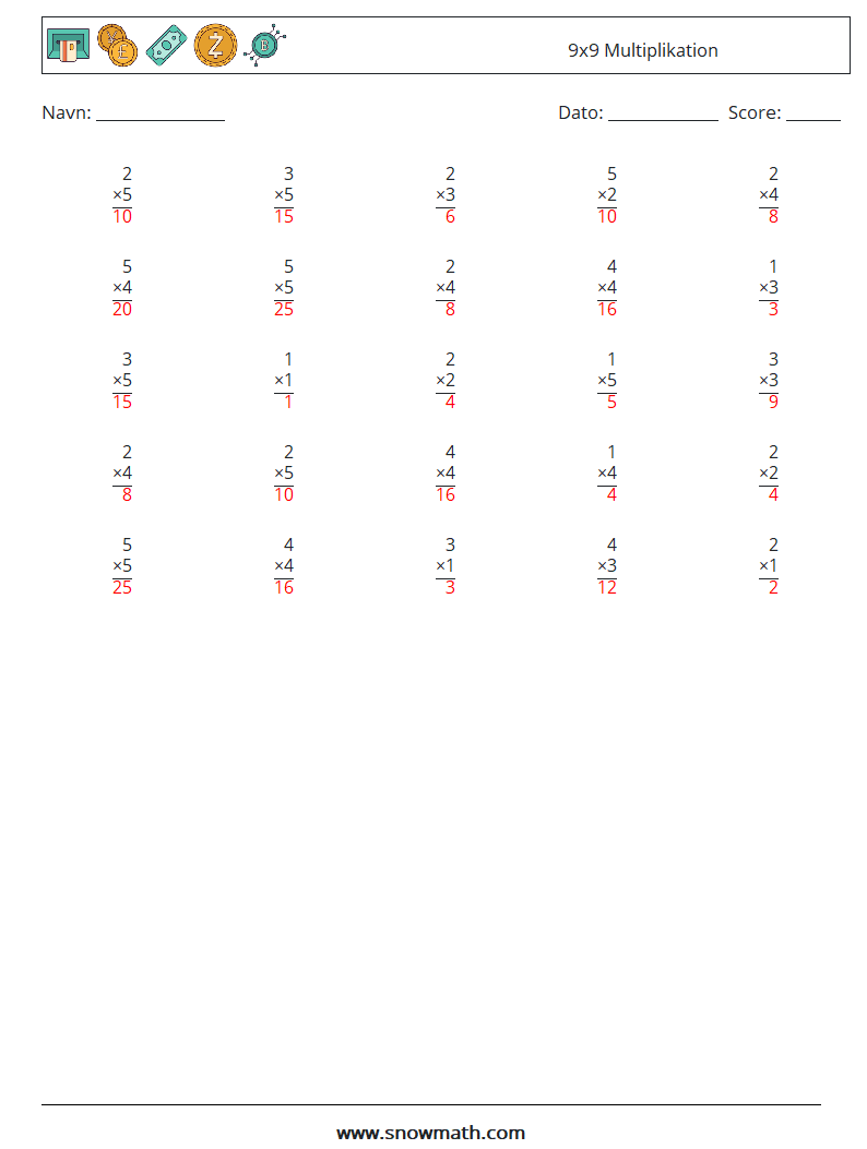 (25) 9x9 Multiplikation Matematiske regneark 6 Spørgsmål, svar