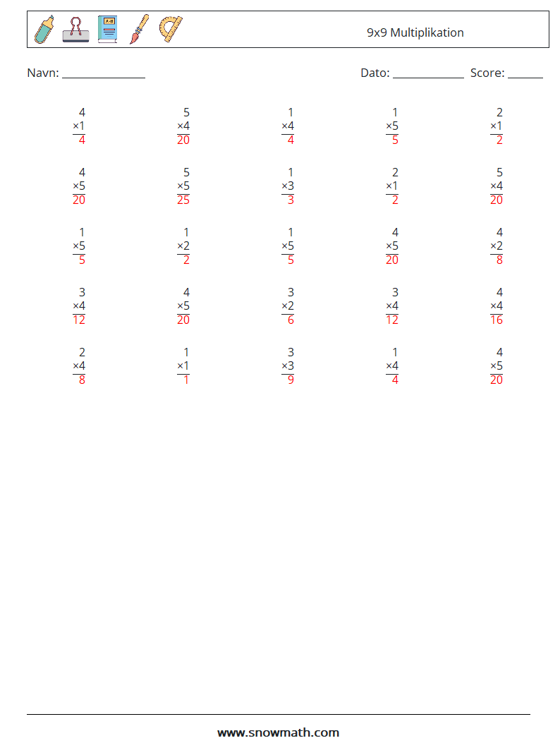 (25) 9x9 Multiplikation Matematiske regneark 7 Spørgsmål, svar