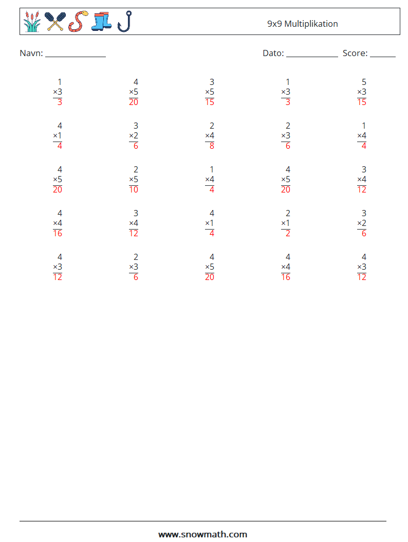 (25) 9x9 Multiplikation Matematiske regneark 8 Spørgsmål, svar