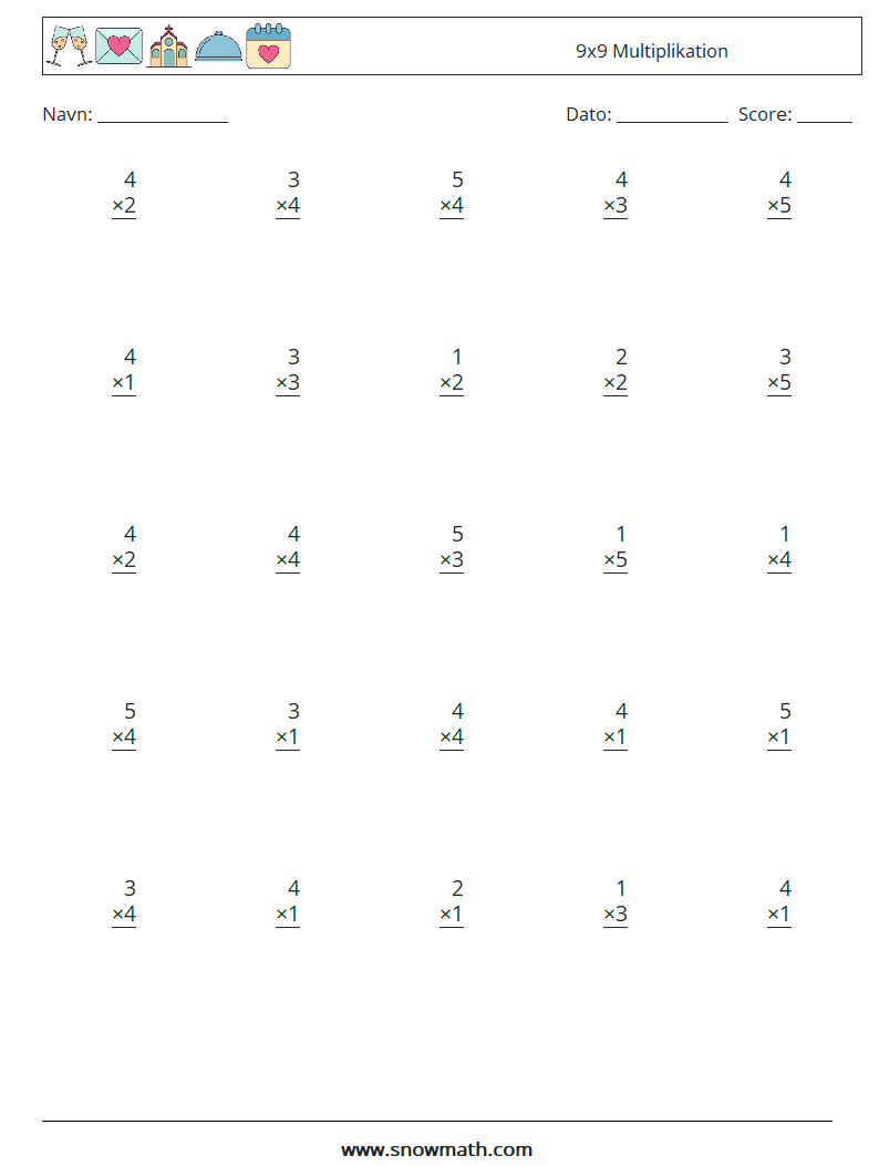 (25) 9x9 Multiplikation Matematiske regneark 9