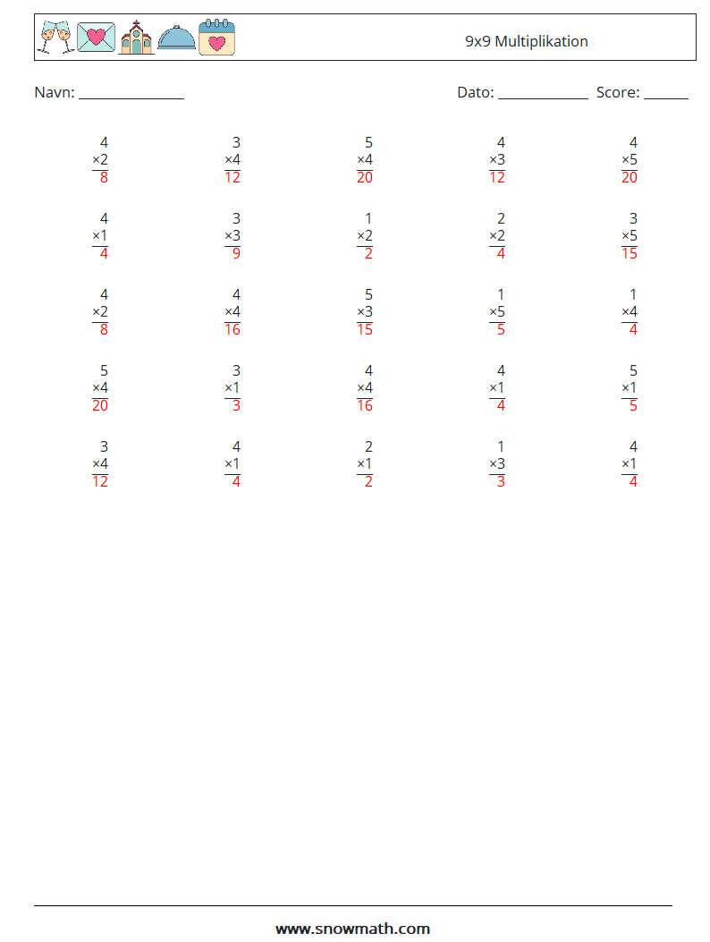 (25) 9x9 Multiplikation Matematiske regneark 9 Spørgsmål, svar