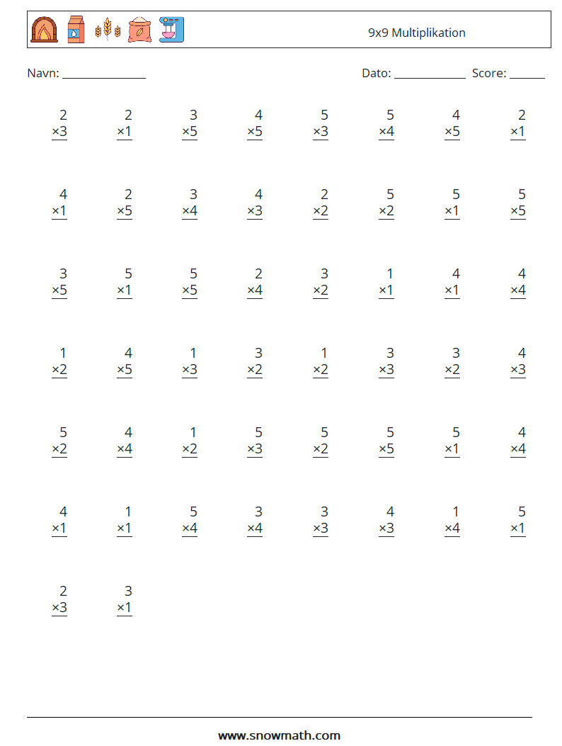 (50) 9x9 Multiplikation Matematiske regneark 2