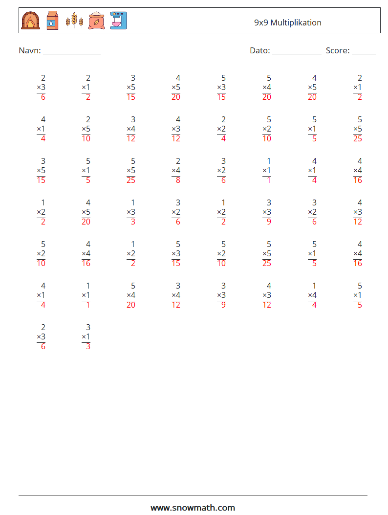 (50) 9x9 Multiplikation Matematiske regneark 2 Spørgsmål, svar