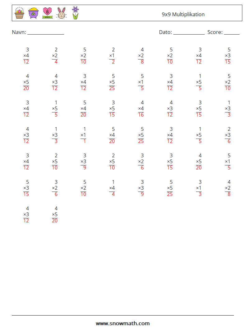 (50) 9x9 Multiplikation Matematiske regneark 3 Spørgsmål, svar